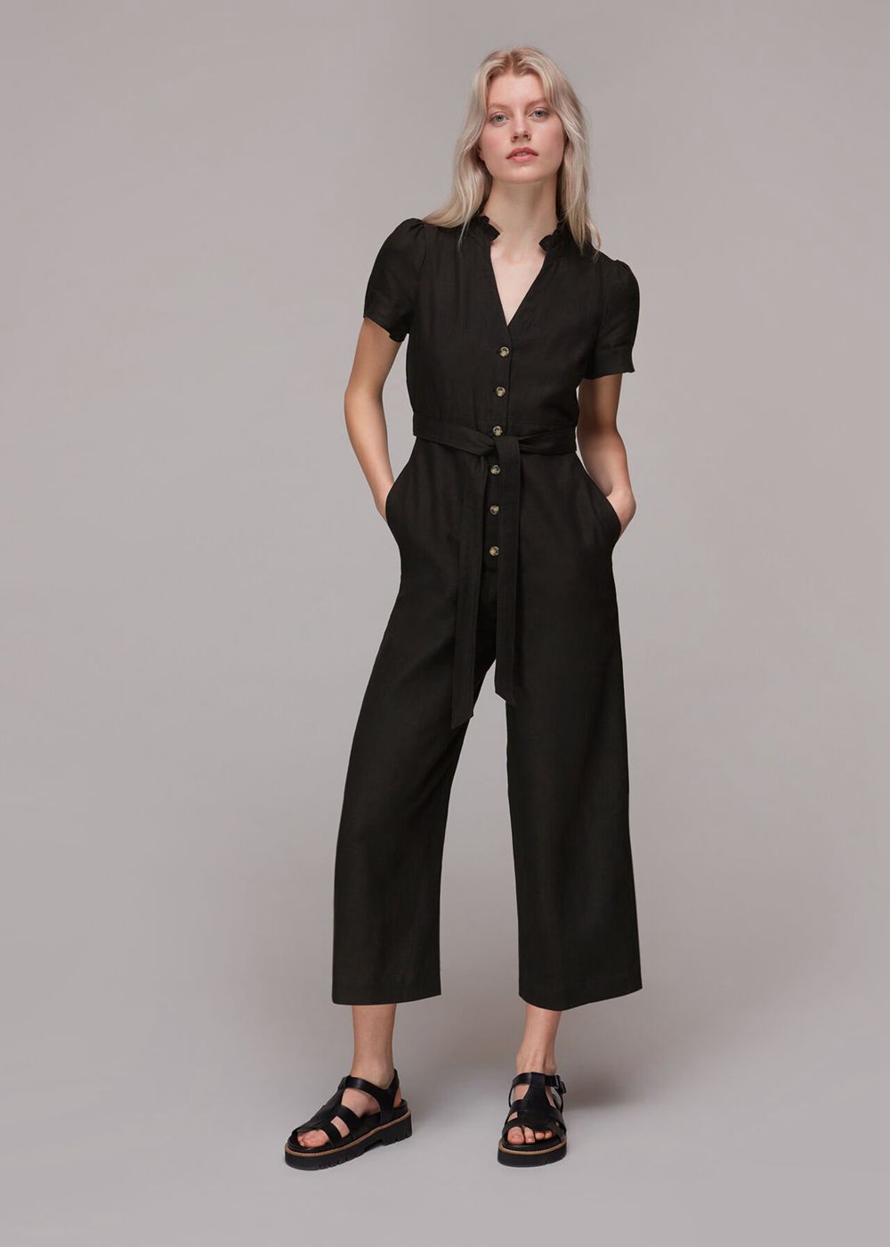 Whistles Emmie Linen Jumpsuit Black | US-09478VDZJ