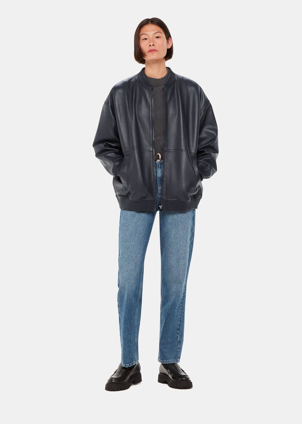 Whistles Erin Bomber Leather Jacket Navy | US-90723WCBP