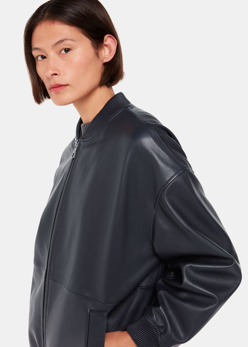 Whistles Erin Bomber Leather Jacket Navy | US-90723WCBP