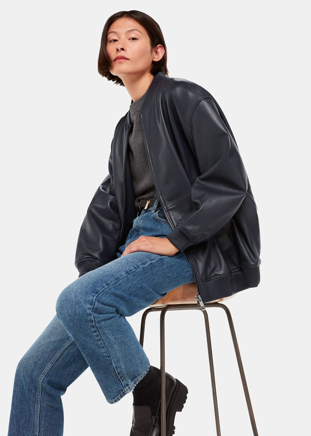 Whistles Erin Bomber Leather Jacket Navy | US-90723WCBP