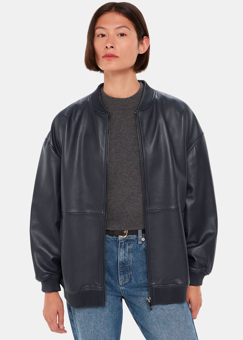 Whistles Erin Bomber Leather Jacket Navy | US-90723WCBP