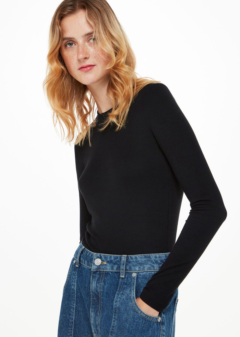 Whistles Essential Ribbed Crew Top Black | US-63075UFDO