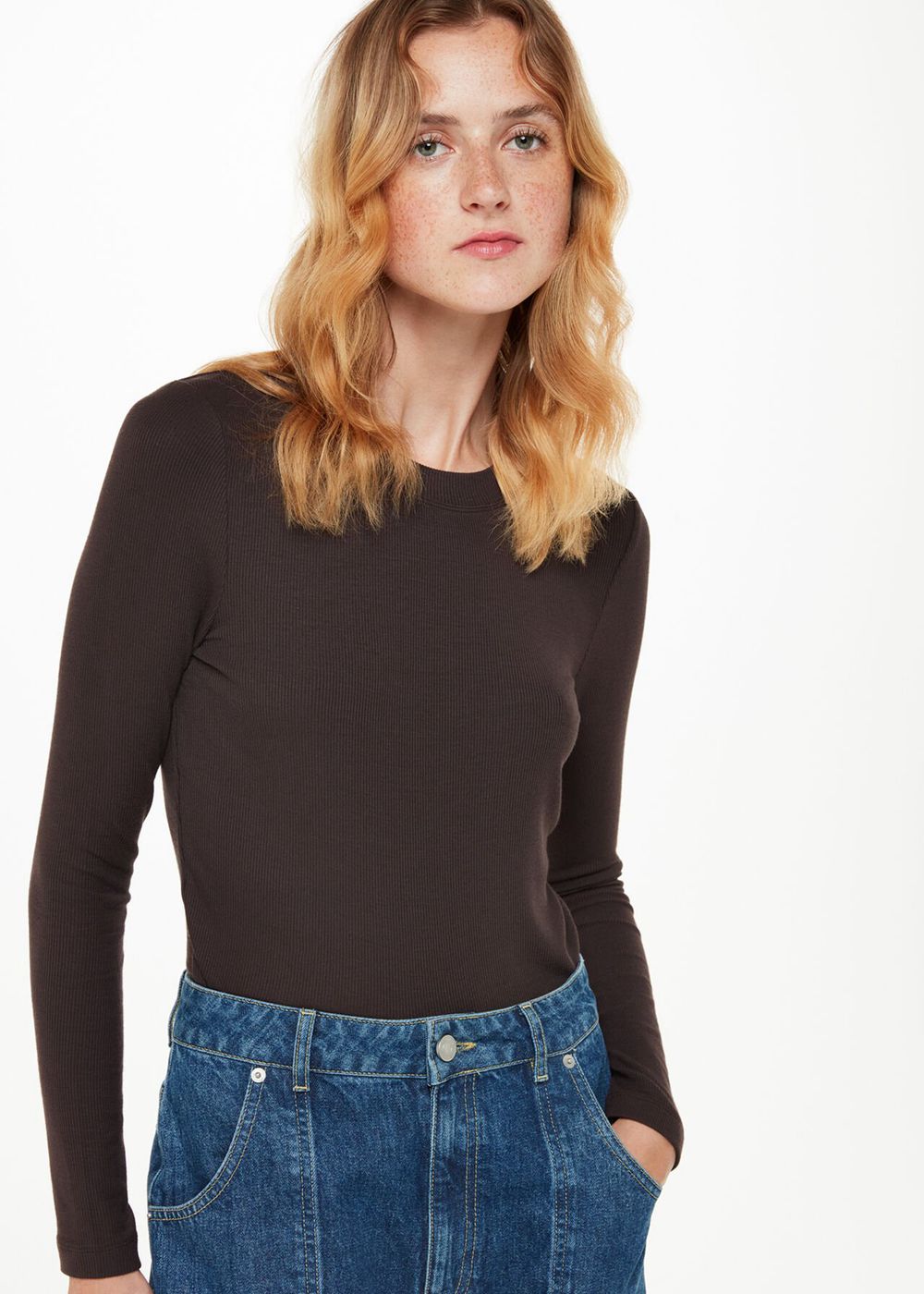 Whistles Essential Ribbed Crew Top Brown | US-05372SUVC