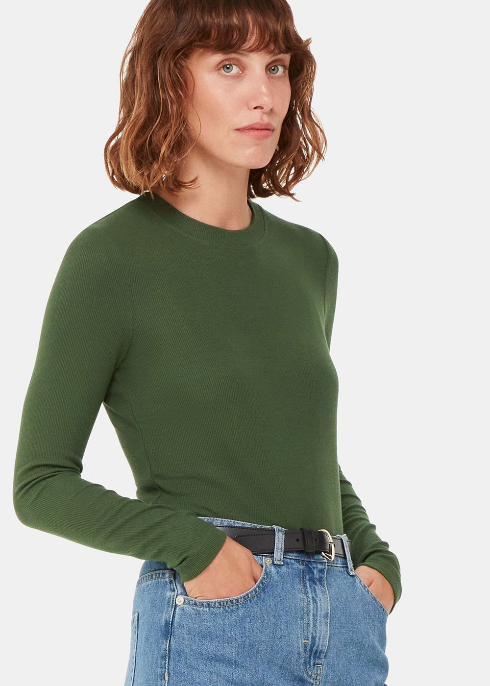 Whistles Essential Ribbed Crew Top Khaki | US-09875KFAI