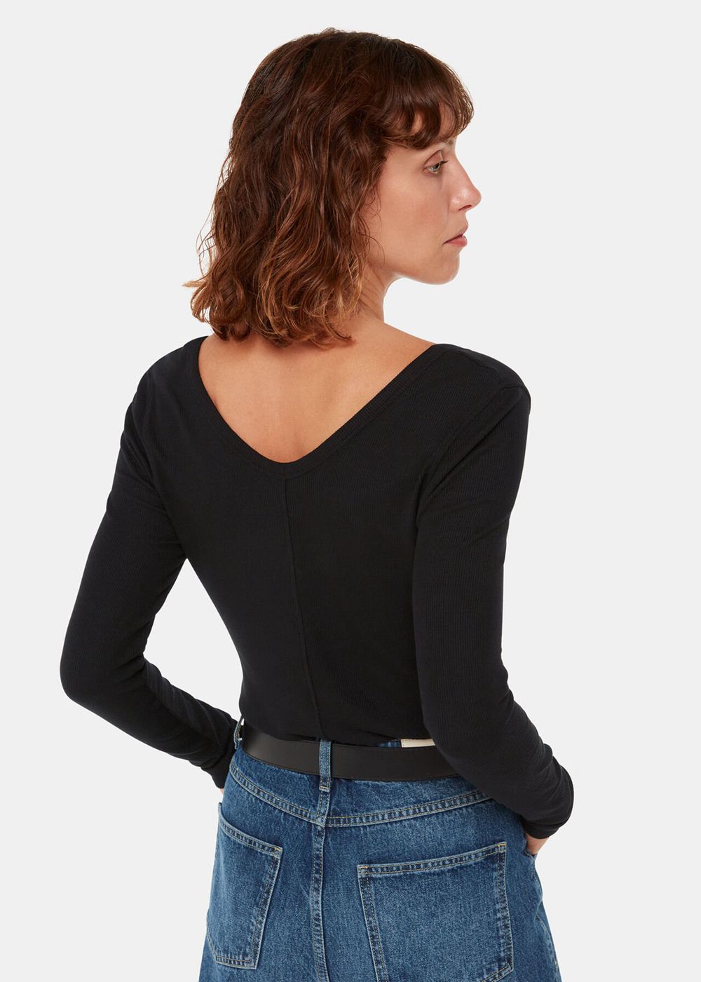 Whistles Essential Ribbed V Neck Top Black | US-94537OXBH