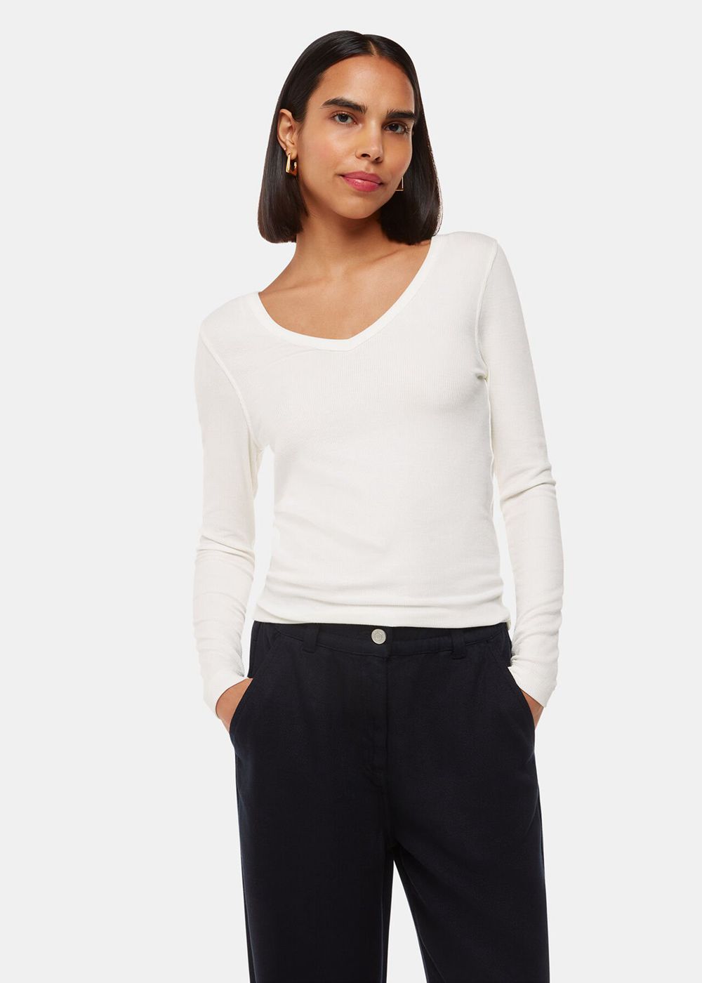 Whistles Essential Ribbed V Neck Top White | US-31590BAVD