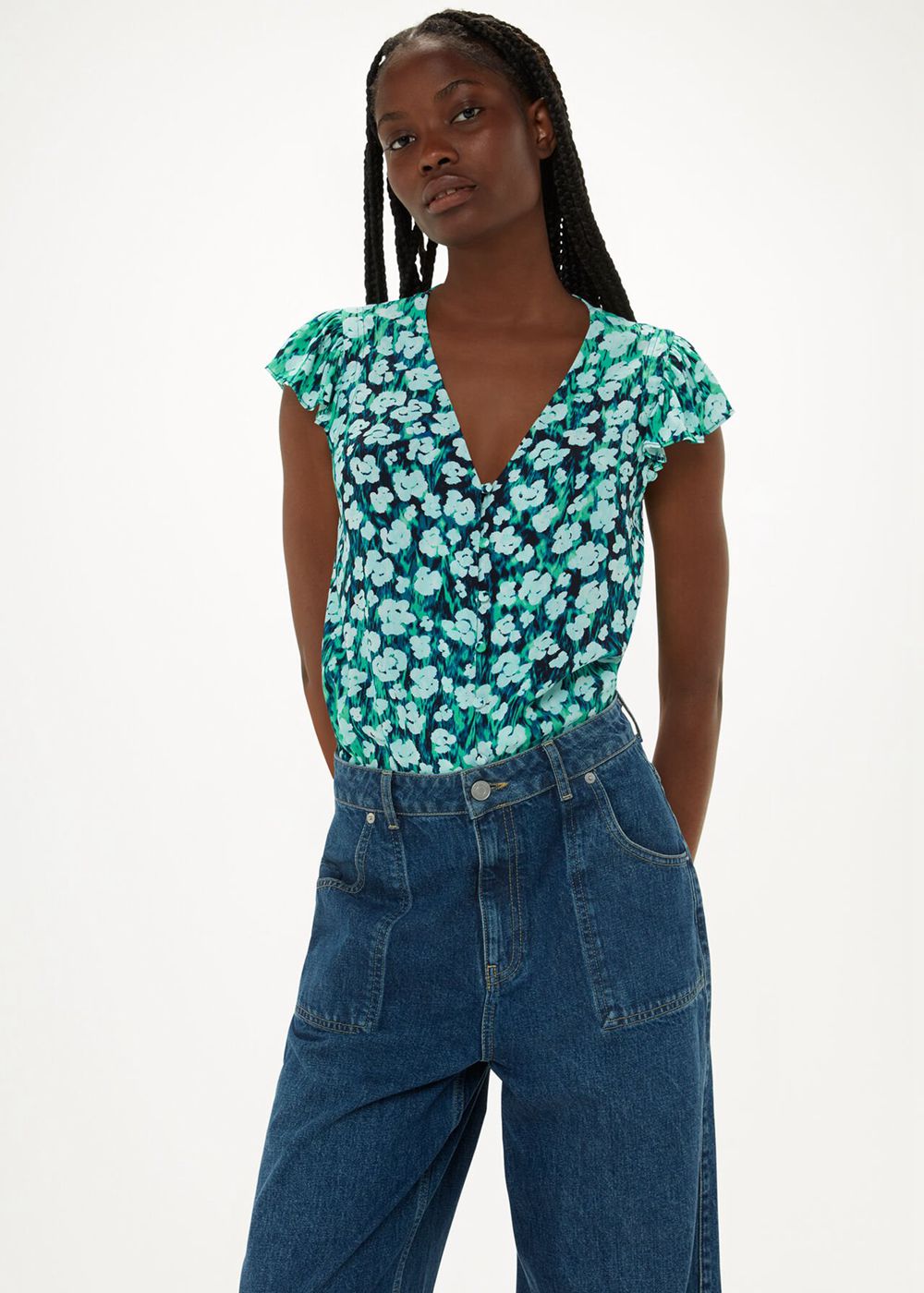 Whistles Floral Petal Frill Top Green / Multicolor | US-19762FAHP