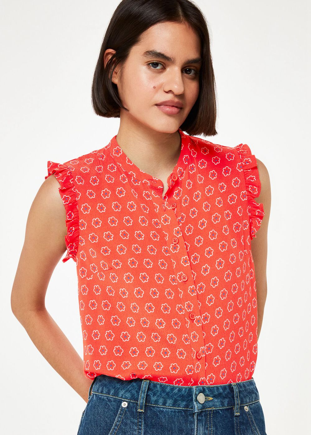 Whistles Flower Charm Frill Sleeve Top Red / Multicolor | US-54361YUOX