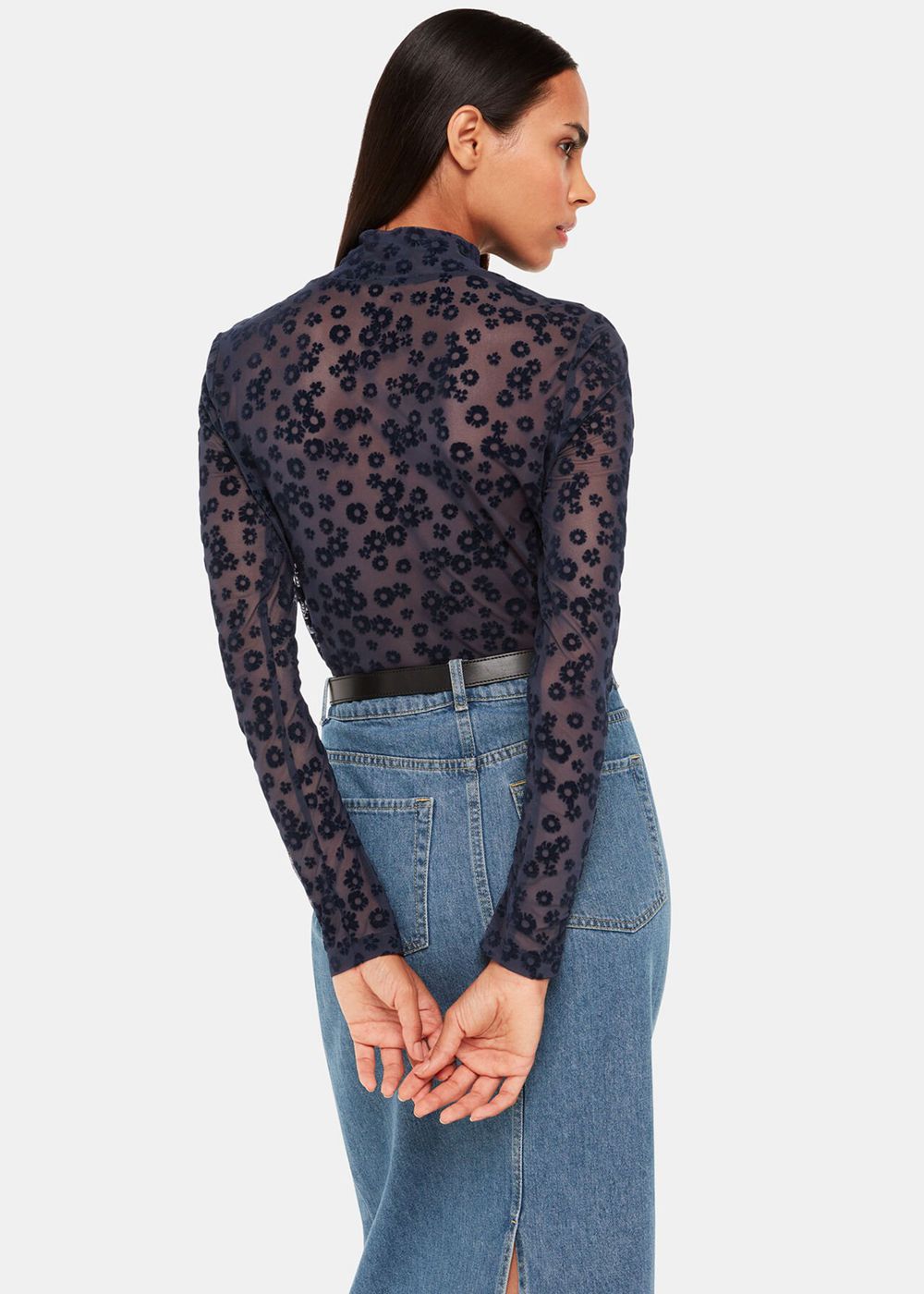 Whistles Flower Crew Neck Mesh Top Navy | US-79428LECU