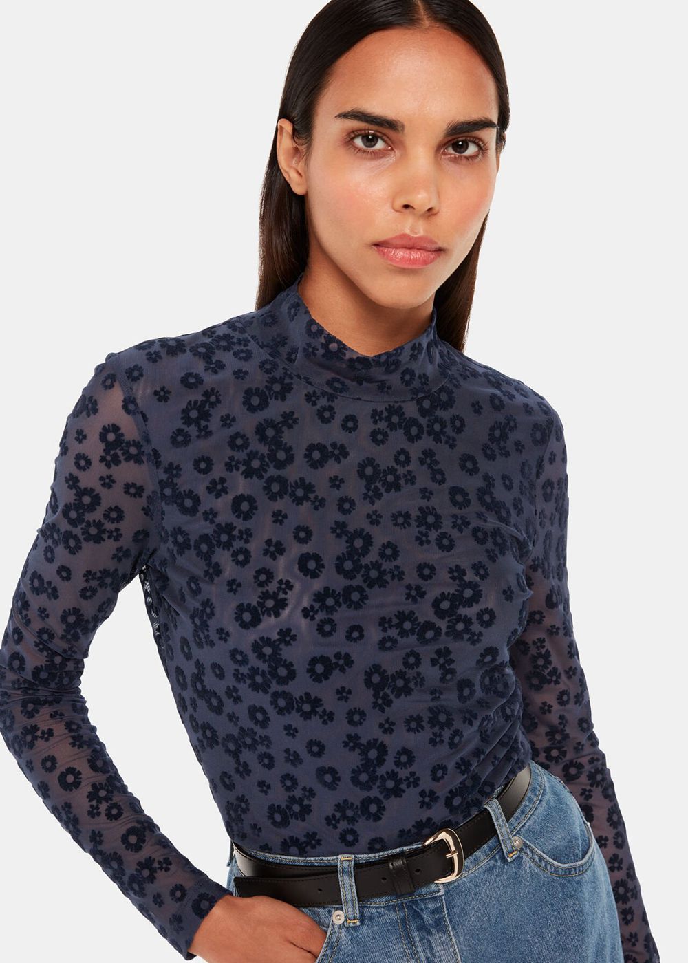 Whistles Flower Crew Neck Mesh Top Navy | US-79428LECU