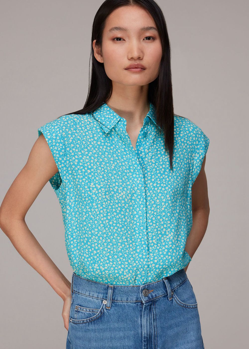 Whistles Flowerpod Sleeveless Shirts Blue / Multicolor | US-23468VIGP