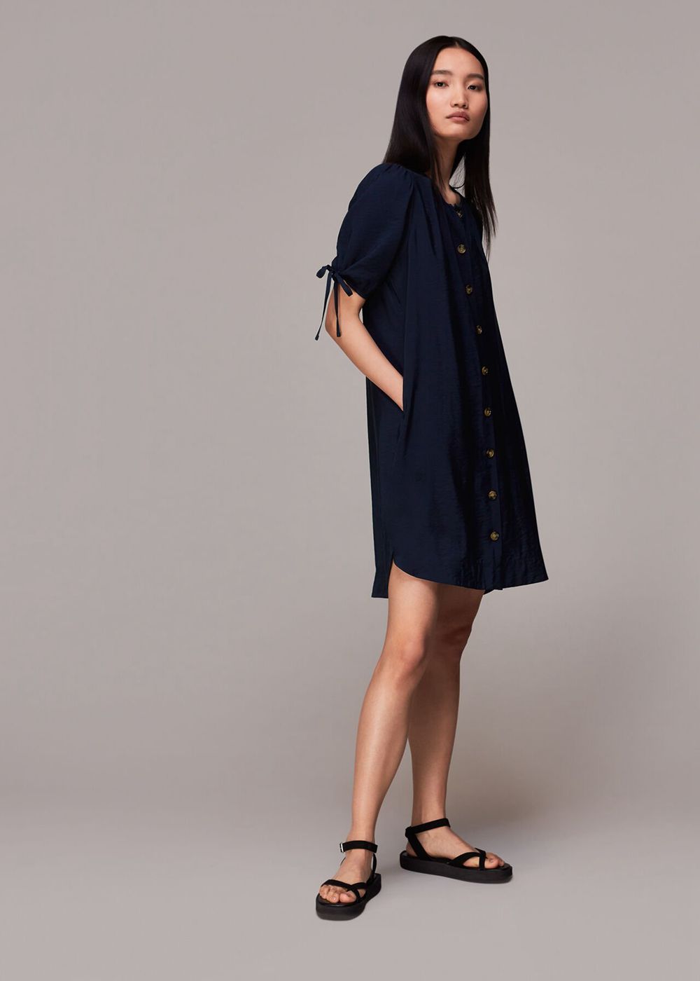 Whistles Frankie Button Through Dress Navy | US-18730OLJY