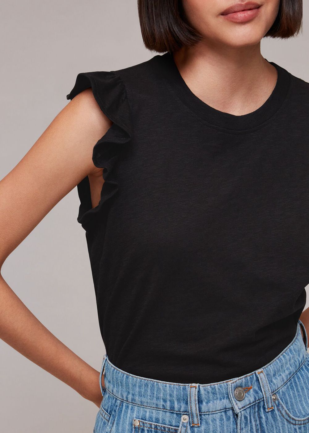 Whistles Frill Cap Sleeve T-Shirt Black | US-64719MXCV