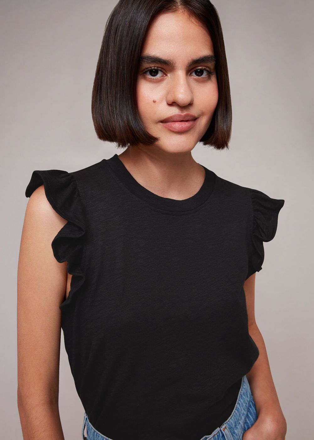 Whistles Frill Cap Sleeve T-Shirt Black | US-64719MXCV