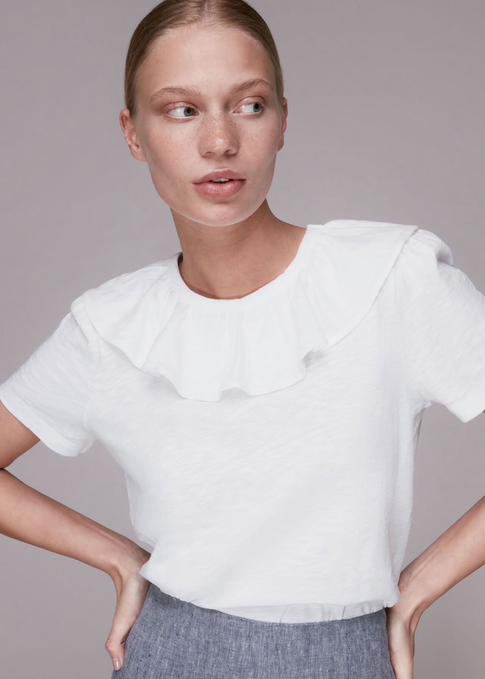 Whistles Frill Neck Collar T-Shirt White | US-12680MAIJ