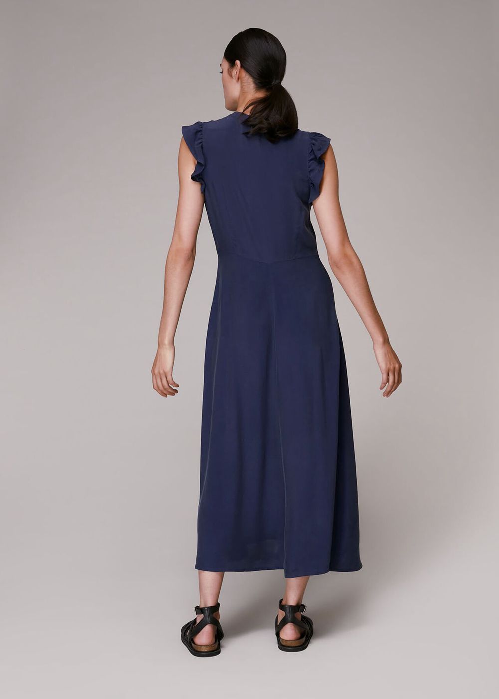 Whistles Frill Sleeve Button Dress Navy | US-41820HSWB