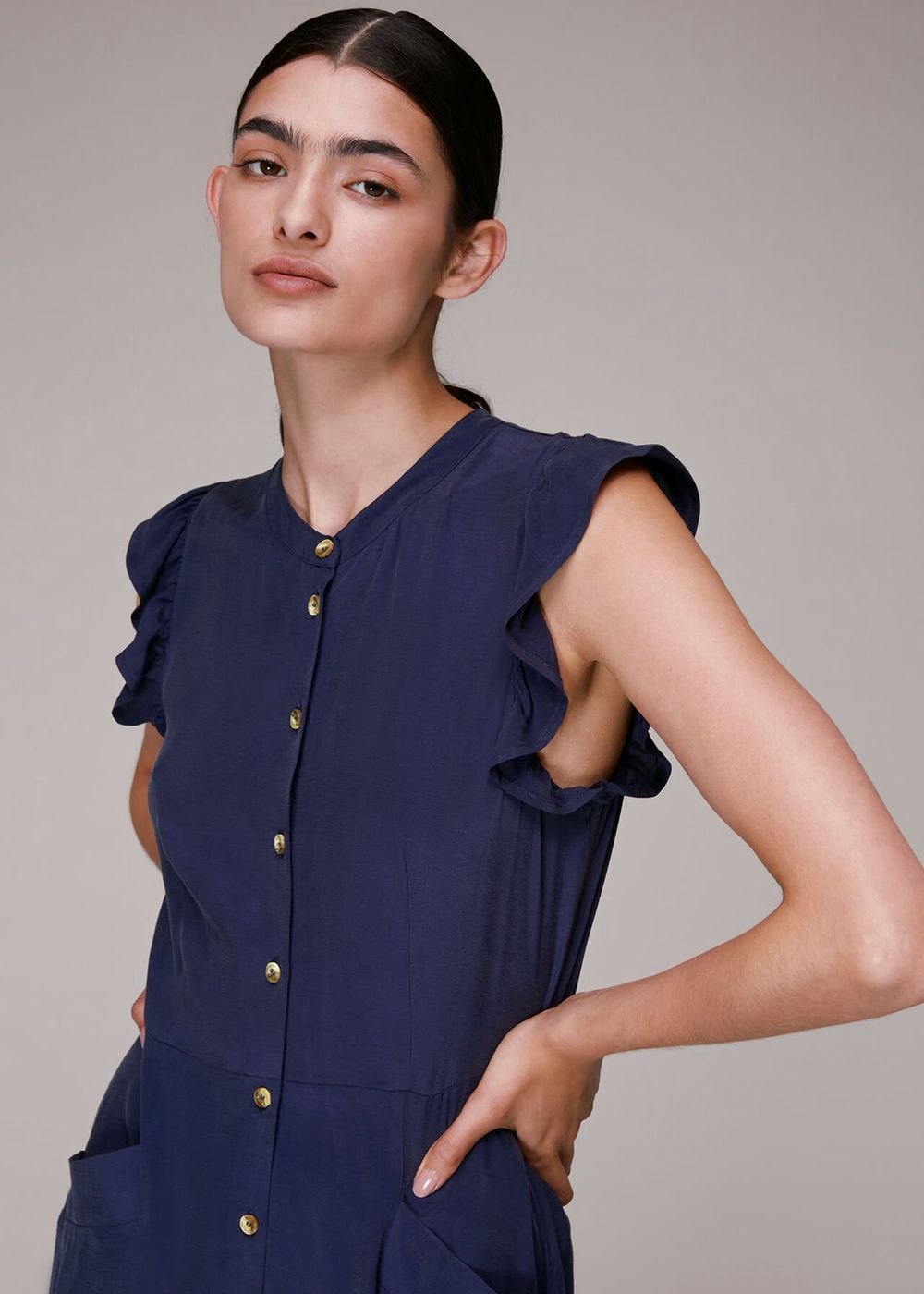 Whistles Frill Sleeve Button Dress Navy | US-41820HSWB