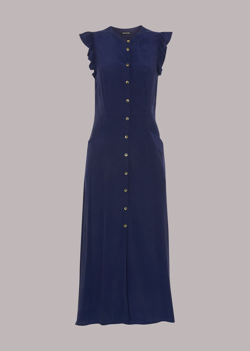 Whistles Frill Sleeve Button Dress Navy | US-41820HSWB