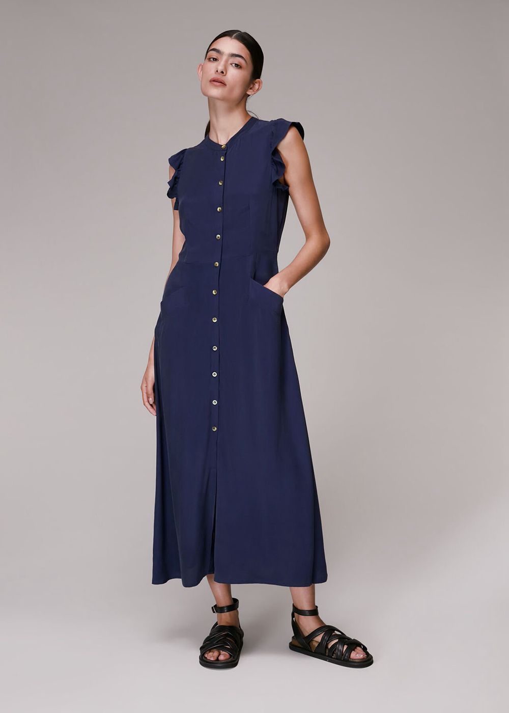 Whistles Frill Sleeve Button Dress Navy | US-41820HSWB