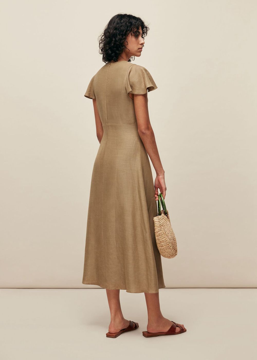 Whistles Frill Sleeve Midi Dress Khaki | US-26538RDKG