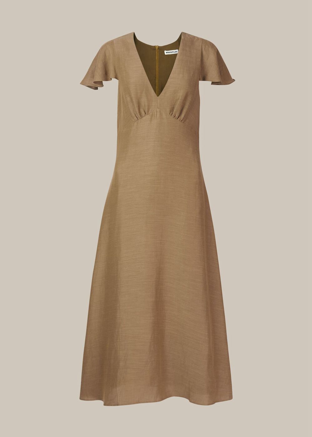 Whistles Frill Sleeve Midi Dress Khaki | US-26538RDKG