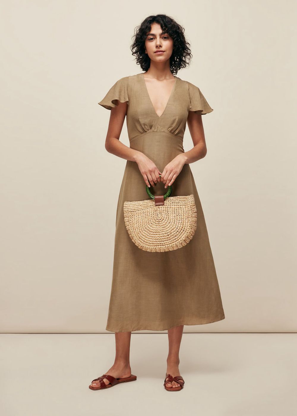 Whistles Frill Sleeve Midi Dress Khaki | US-26538RDKG