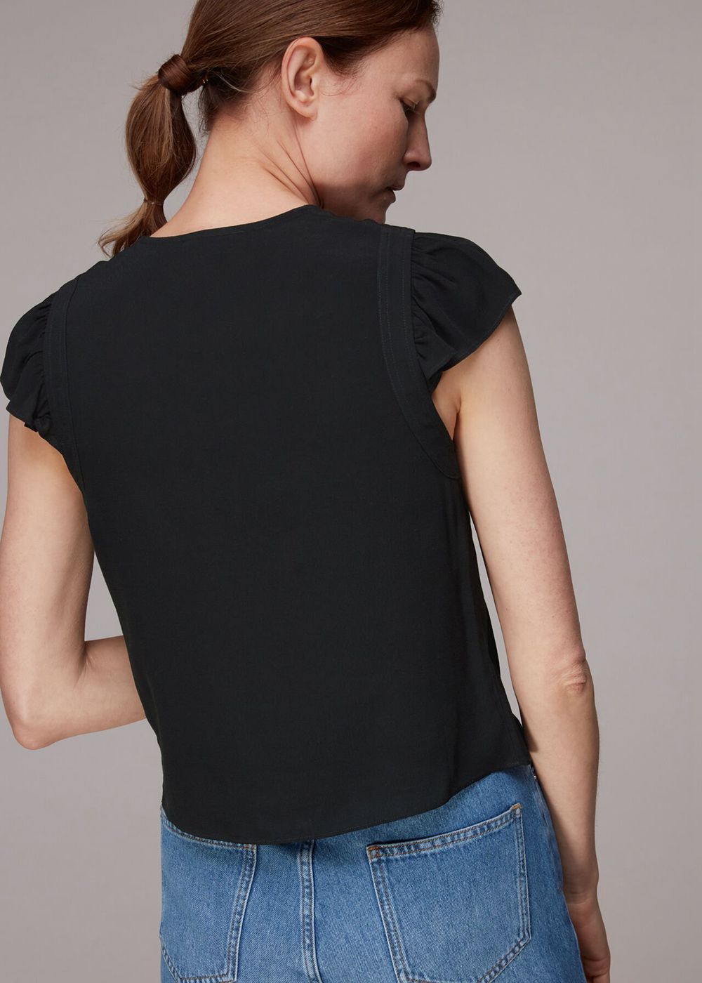 Whistles Frill Sleeve Top Black | US-32509XKNV