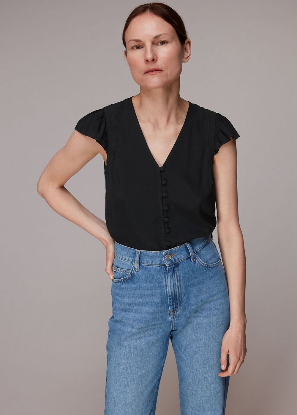 Whistles Frill Sleeve Top Black | US-32509XKNV