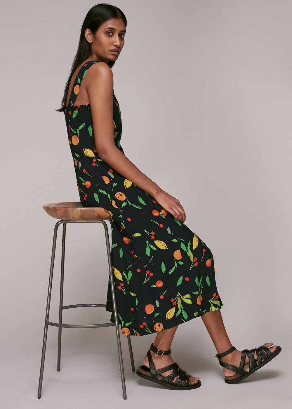 Whistles Fruit Print Frill Dress Black / Multicolor | US-40231URHJ