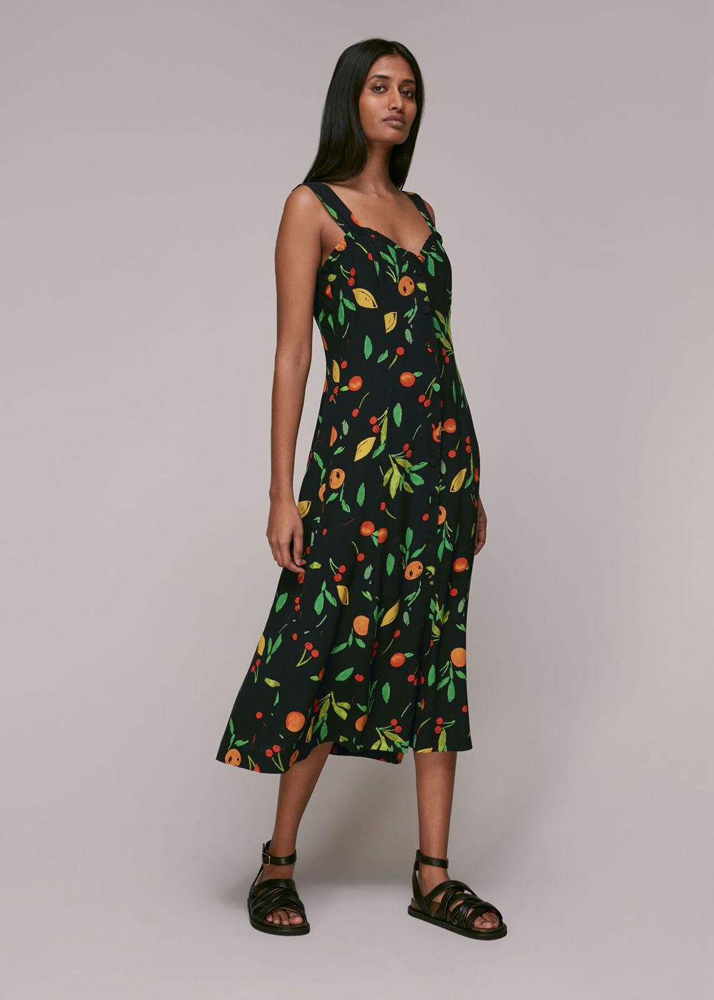 Whistles Fruit Print Frill Dress Black / Multicolor | US-40231URHJ