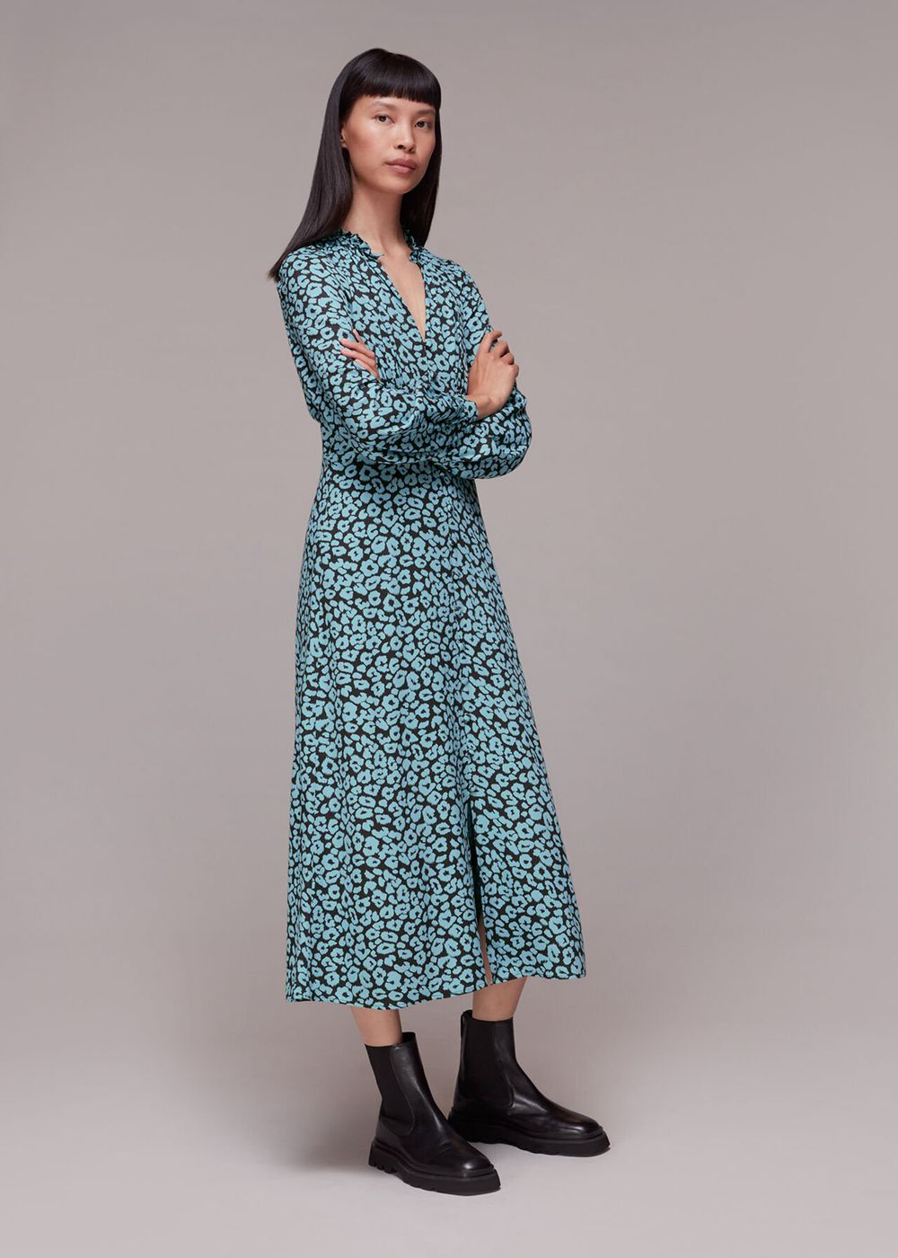 Whistles Fuzzy Leopard Midi Dress Blue / Multicolor | US-14867HBNE