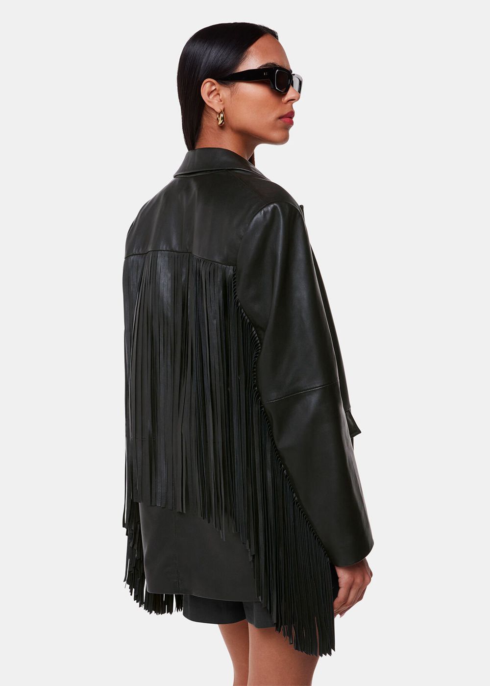 Whistles Gia Fringed Leather Jacket Black | US-93650MSTA