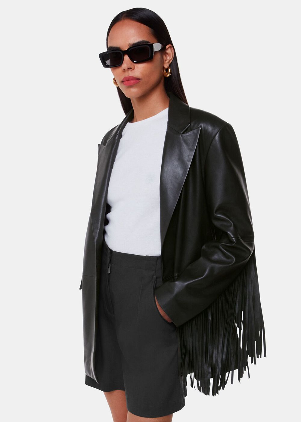 Whistles Gia Fringed Leather Jacket Black | US-93650MSTA