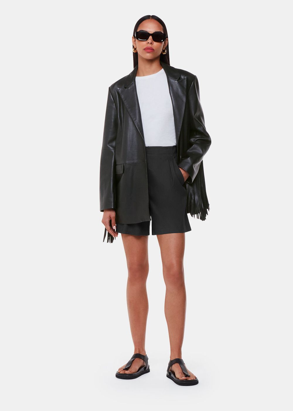 Whistles Gia Fringed Leather Jacket Black | US-93650MSTA