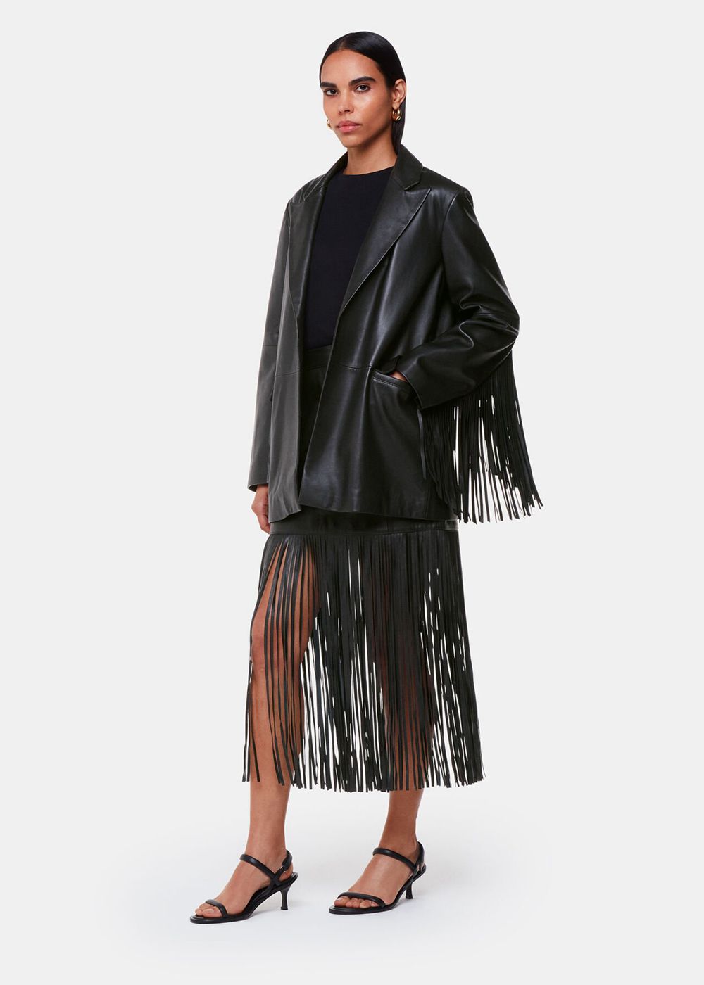 Whistles Gia Fringed Leather Jacket Black | US-93650MSTA