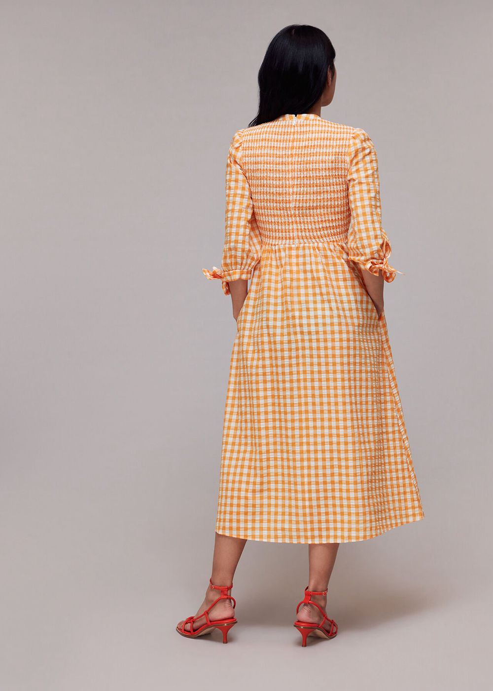 Whistles Gingham Check Shirred Dress Orange / Multicolor | US-09735KRBJ