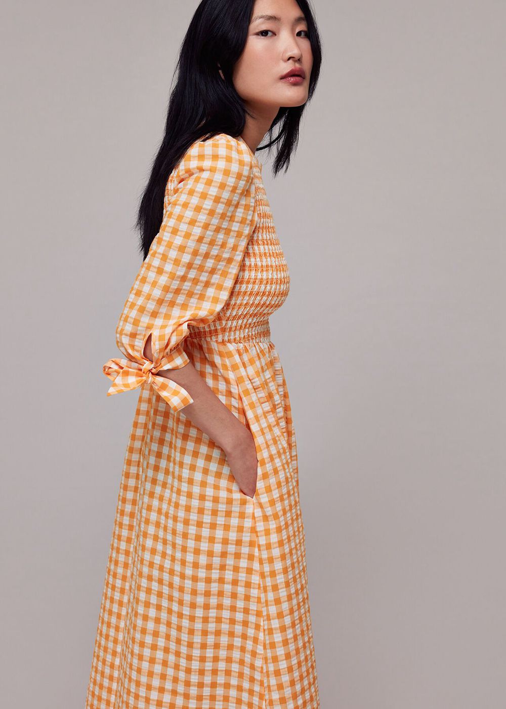 Whistles Gingham Check Shirred Dress Orange / Multicolor | US-09735KRBJ