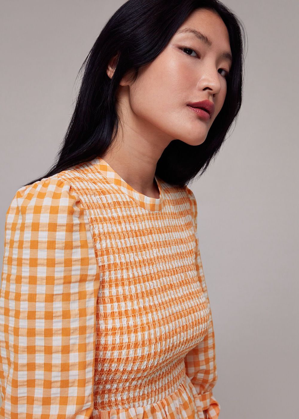 Whistles Gingham Check Shirred Dress Orange / Multicolor | US-09735KRBJ