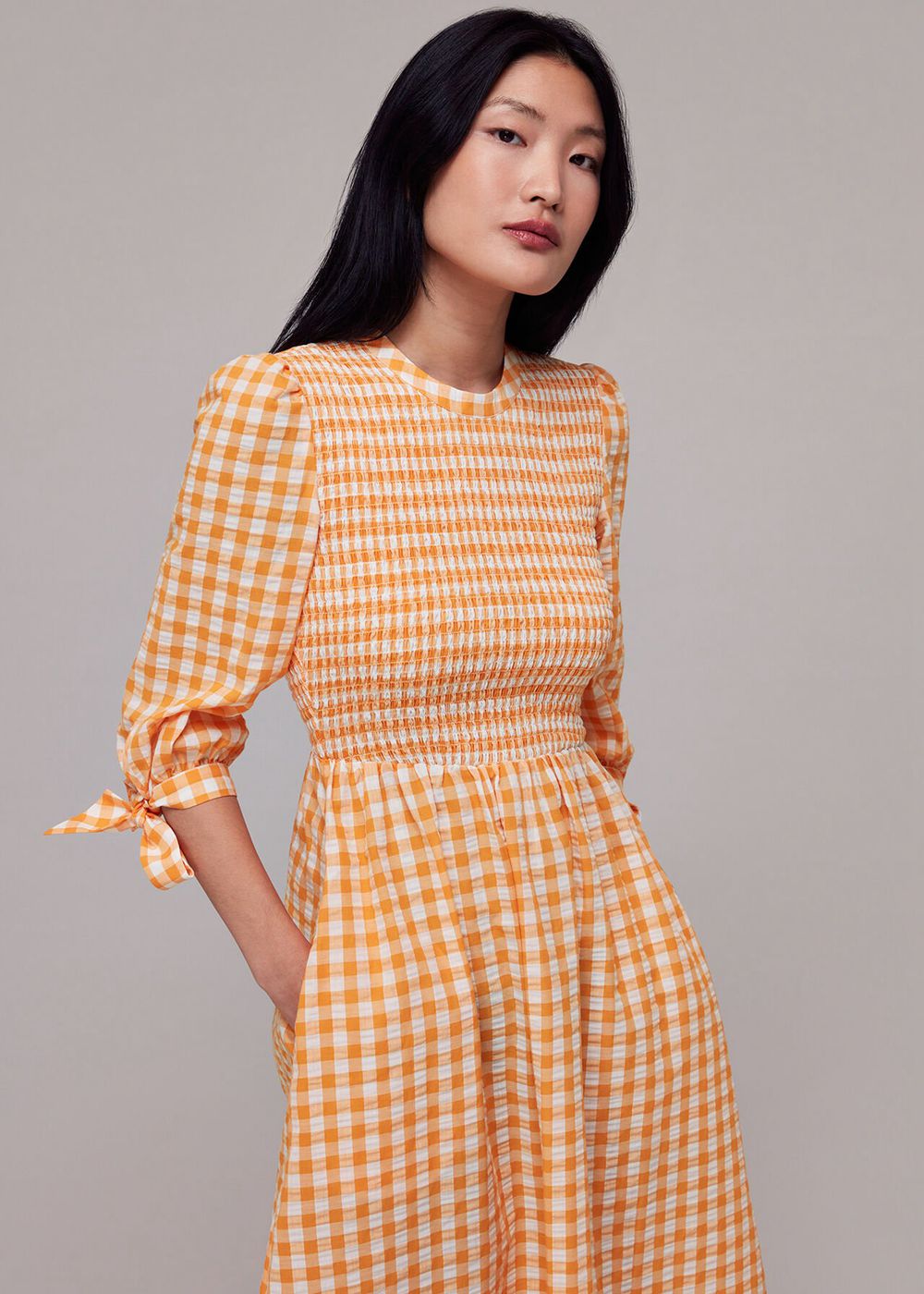 Whistles Gingham Check Shirred Dress Orange / Multicolor | US-09735KRBJ