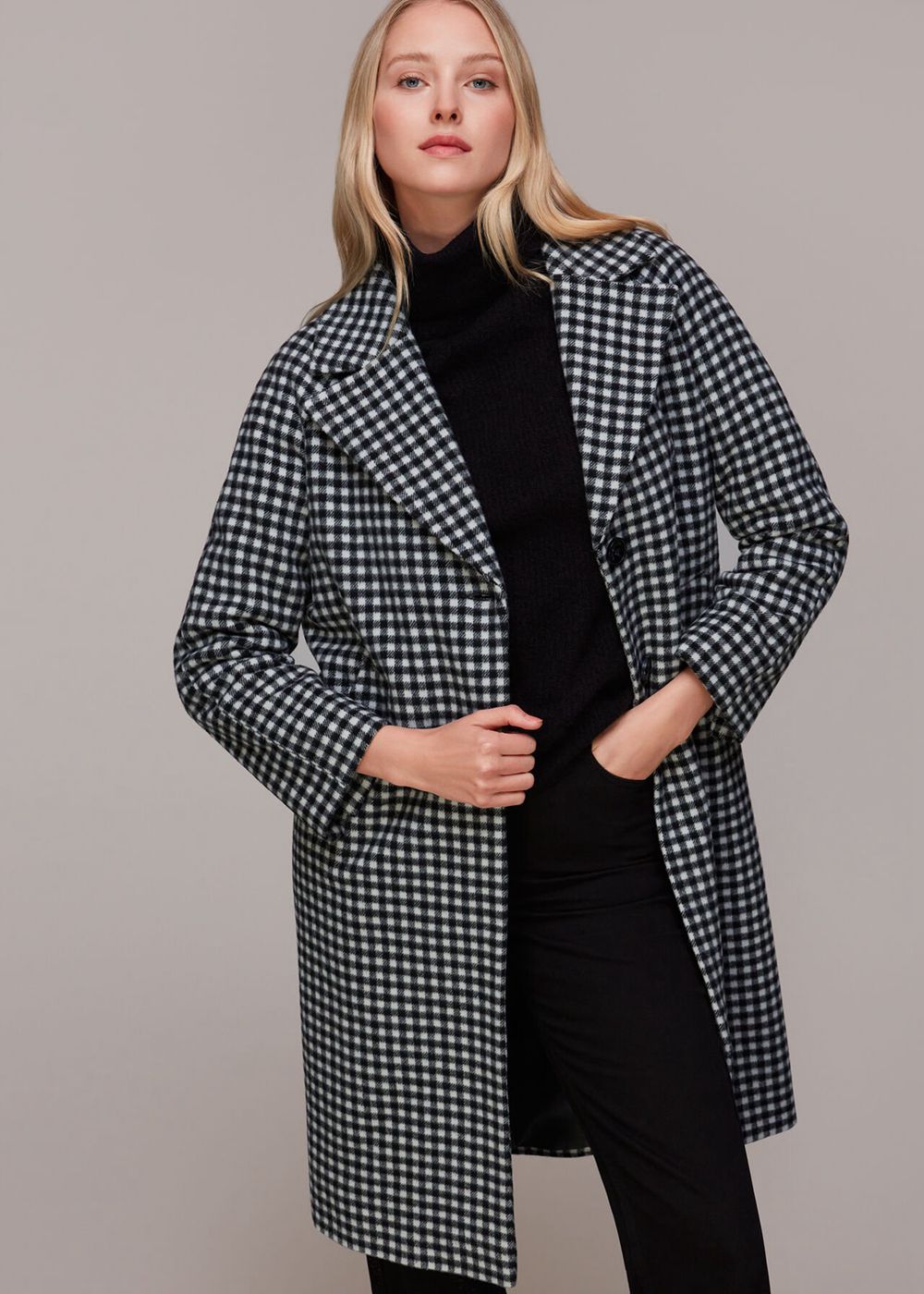 Whistles Gingham Wool Cocoon Coat Black / Multicolor | US-72416GSQF