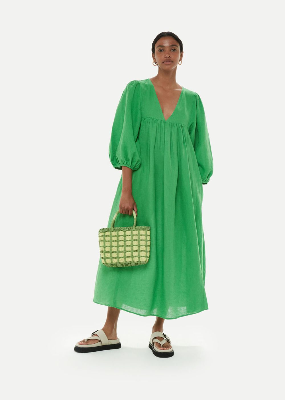 Whistles Gloria Linen Blend Dress Green | US-91340EBQJ