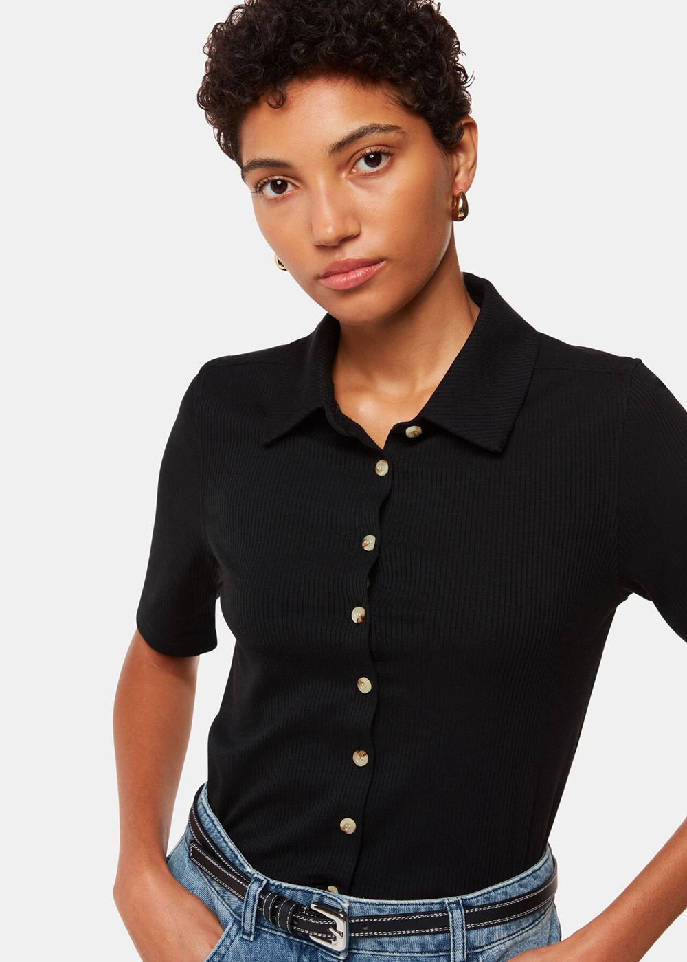 Whistles Grace Ribbed Polo Shirt Black | US-78156OINK