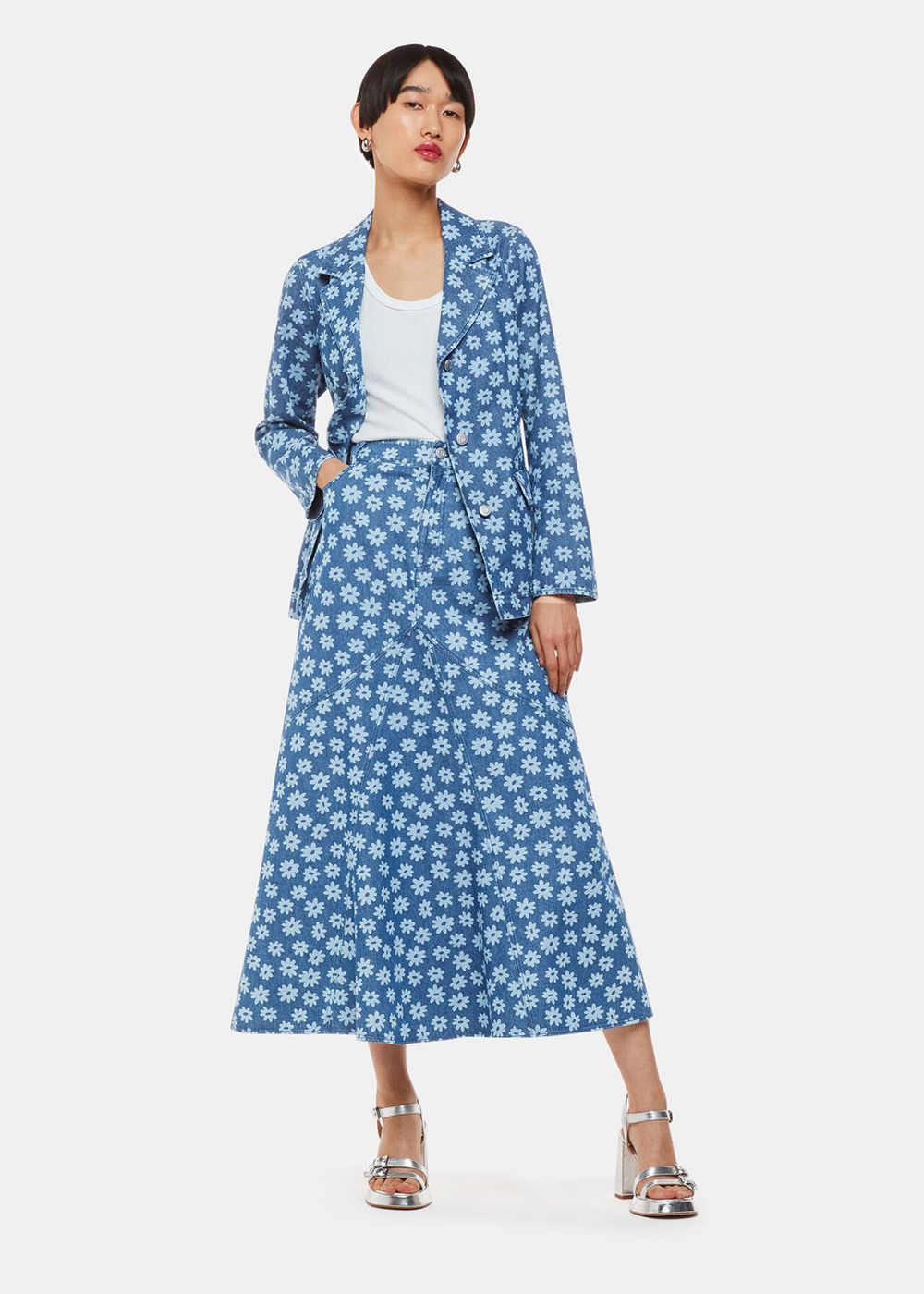 Whistles Graphic Daisy Denim Maxi Skirts Blue | US-43217KWJS