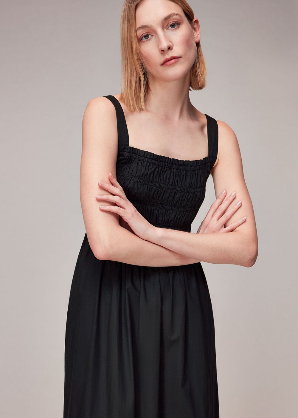 Whistles Greta Ruched Poplin Dress Black | US-68309GOCV