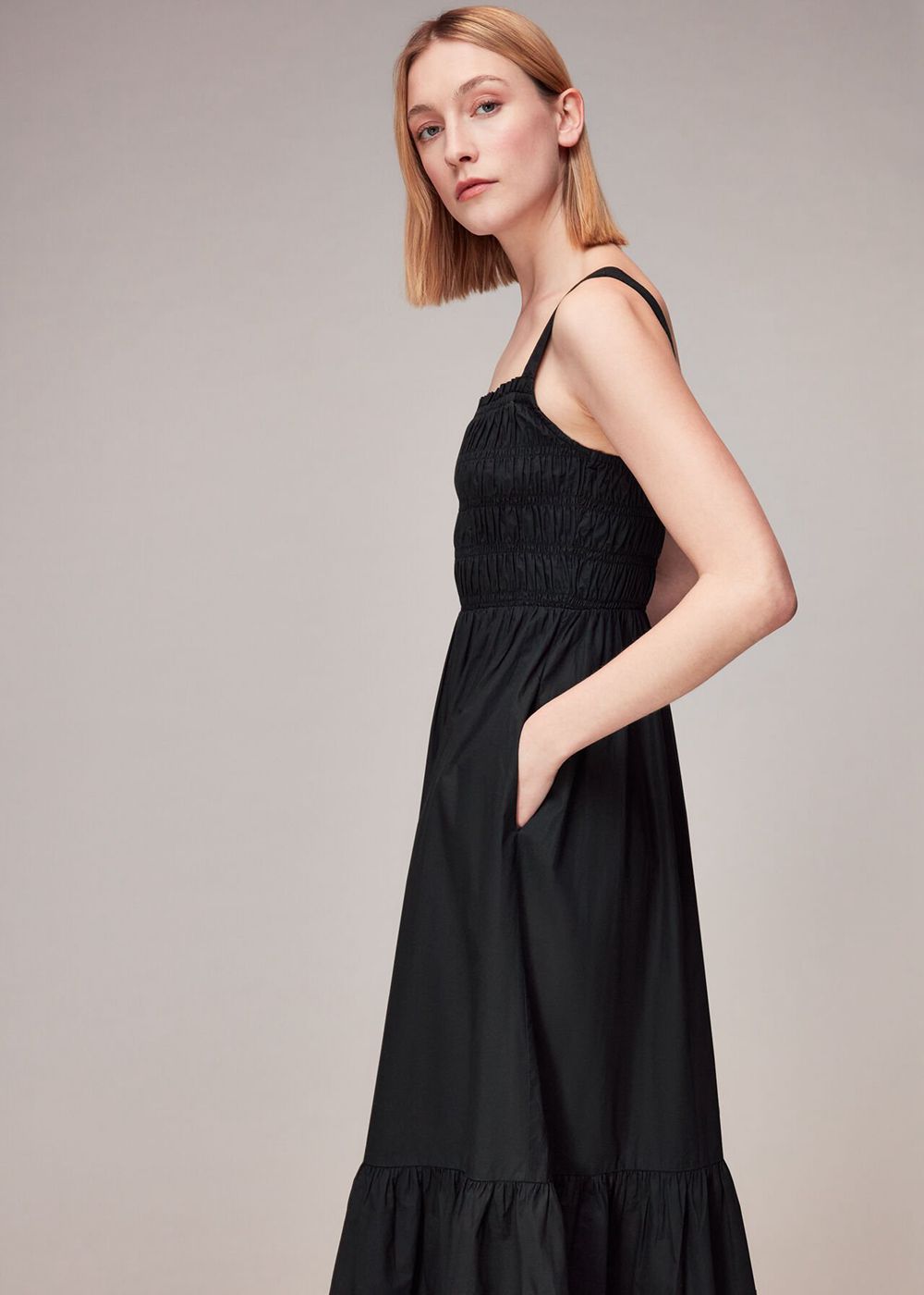 Whistles Greta Ruched Poplin Dress Black | US-68309GOCV