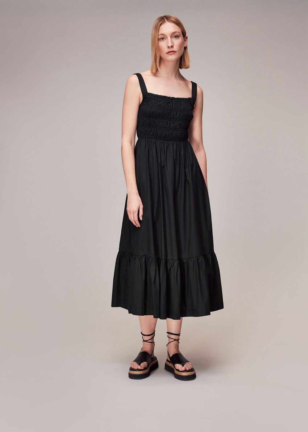 Whistles Greta Ruched Poplin Dress Black | US-68309GOCV