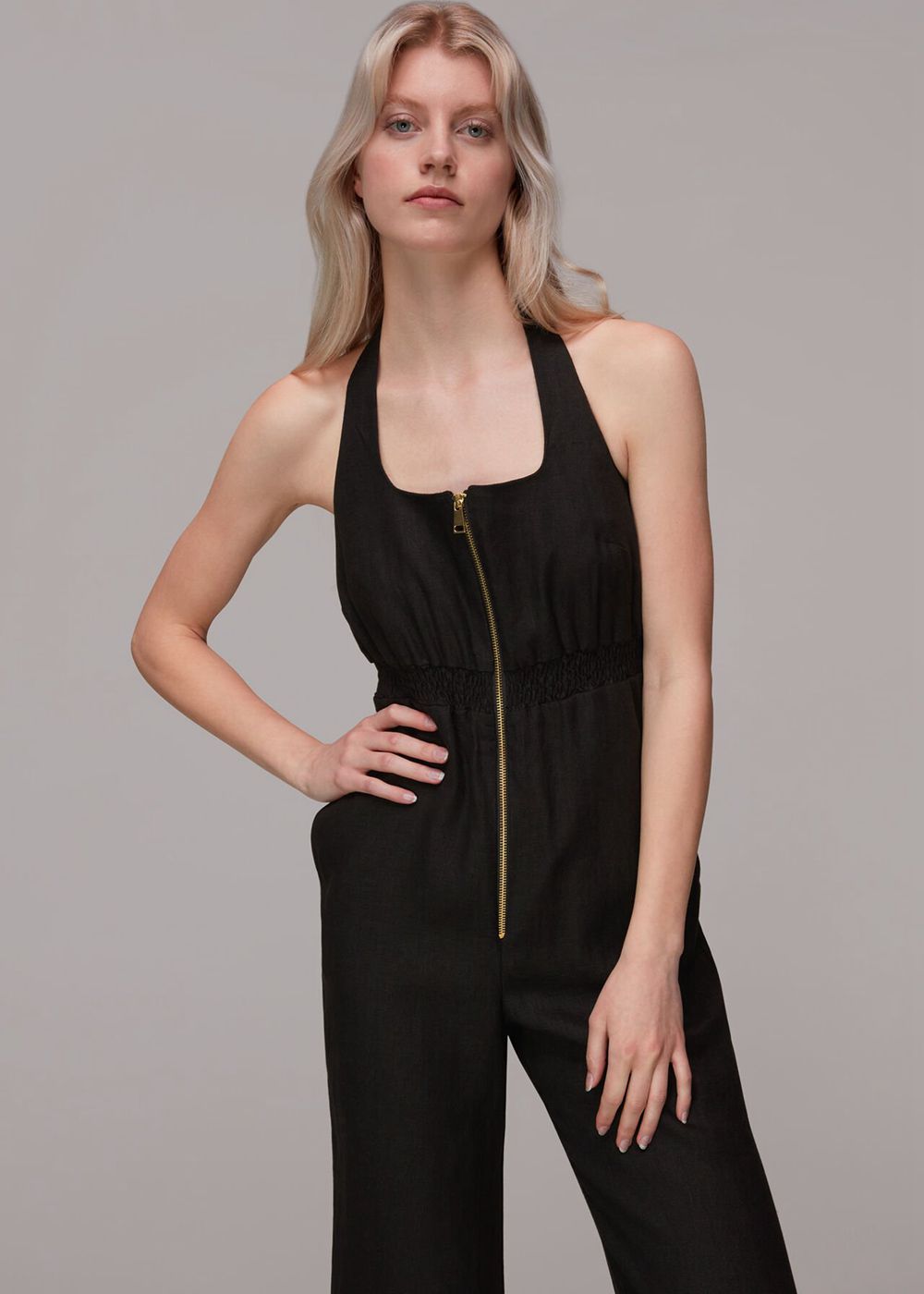 Whistles Halterneck Linen Jumpsuit Black | US-68395RTDQ