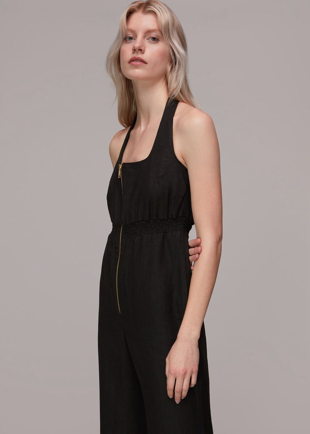 Whistles Halterneck Linen Jumpsuit Black | US-68395RTDQ