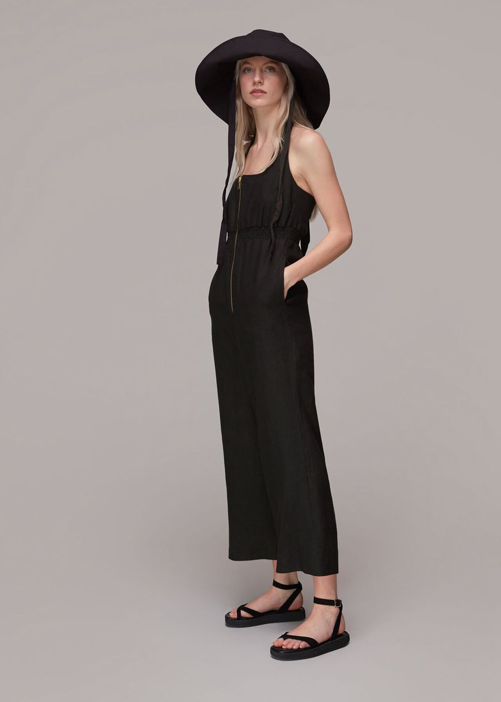 Whistles Halterneck Linen Jumpsuit Black | US-68395RTDQ