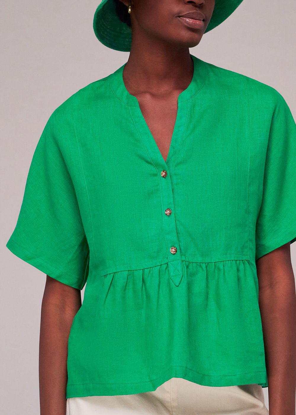 Whistles Hannah Linen Peplum Blouse Green | US-13906XVKT